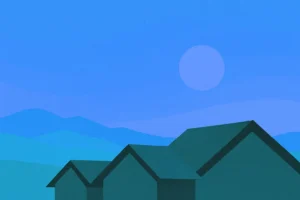 Illustration of rooftops with mountains and desert sky in Pinal County, Arizona.