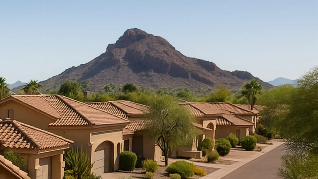 A Scottsdale tile roof with Camelback Mountain in the background.